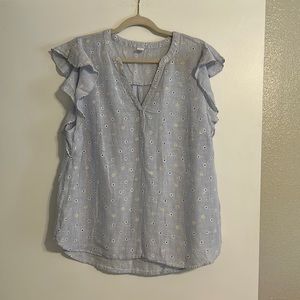 Old Navy Blue and White Stripe with Daisies Flutter Sleeve Top